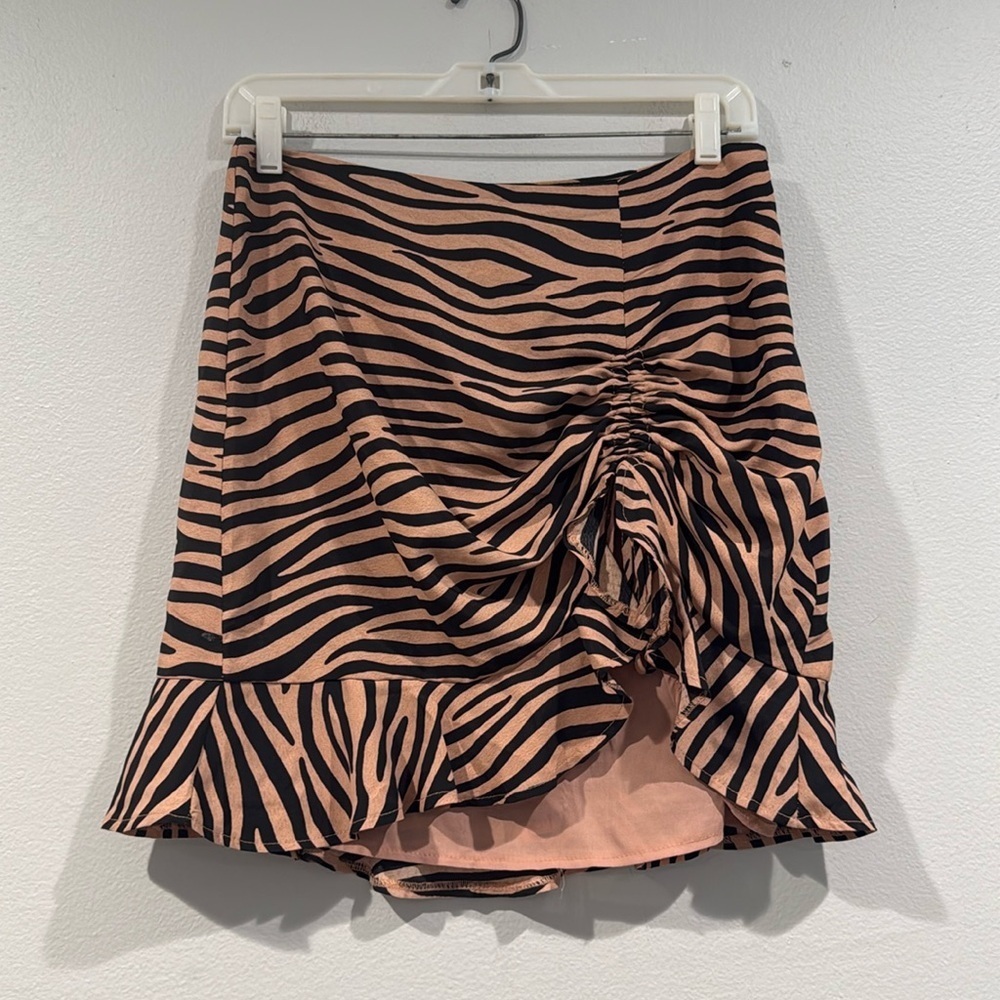 Polly Tan and Black Zebra Print Sinched Mini Skirt - Size 8
